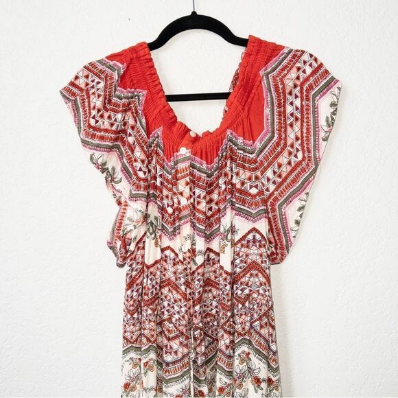 Patrons of Peace Red Floral Boho Off The Shoulder Maxi Dress Size Medium - Picture 1 of 9